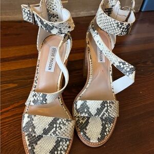 Steve Madden White & Black Snake-Print Ankle Strap Heels